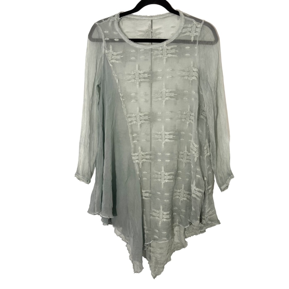 Marg Olena Tunic Top Green Silk Embroidered Asymmetrical Sheer Ethereal Fairy XL